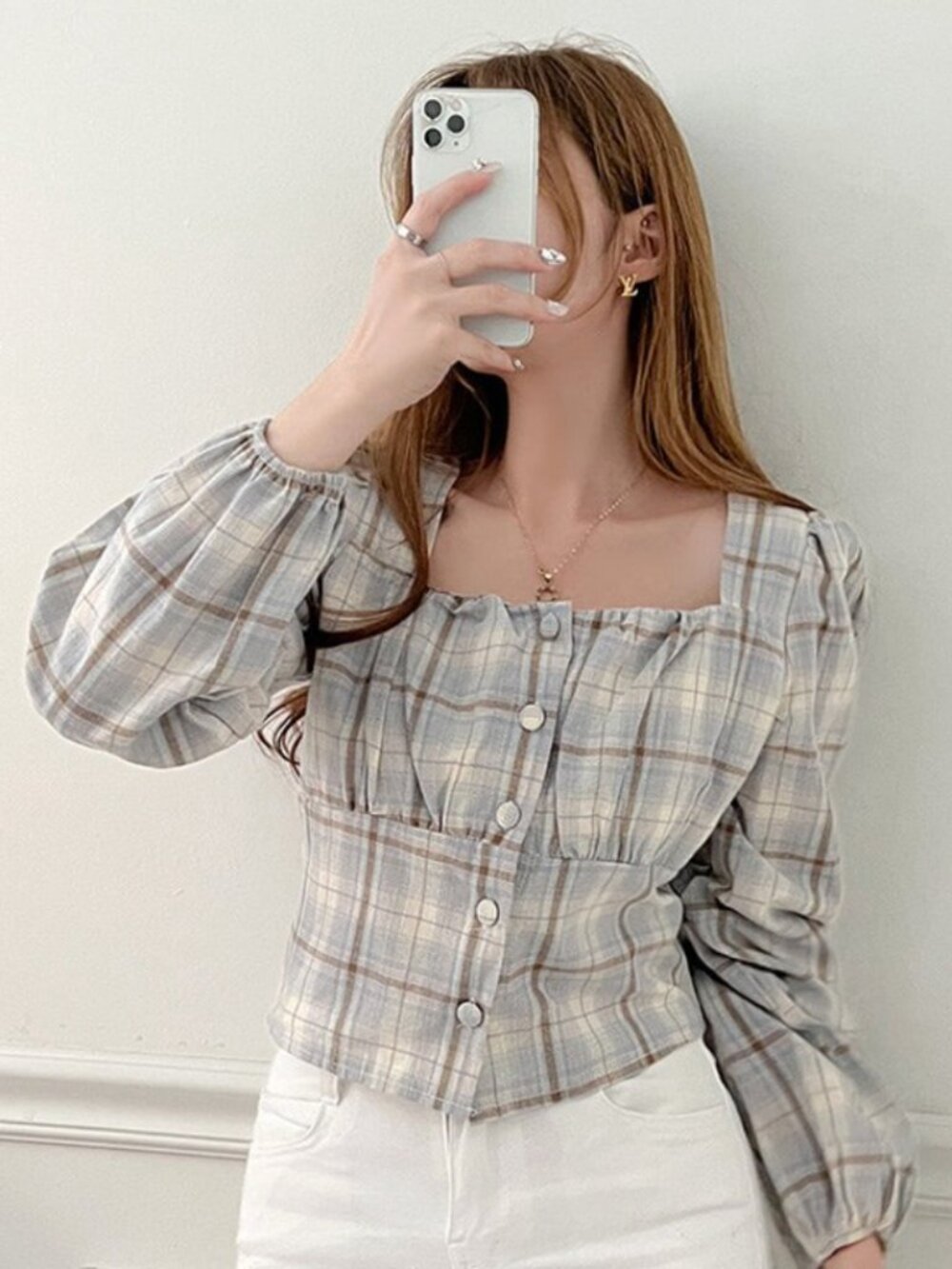 Pastel Blue Plaid Cropped Peasant Blouse with Puff Sleeves